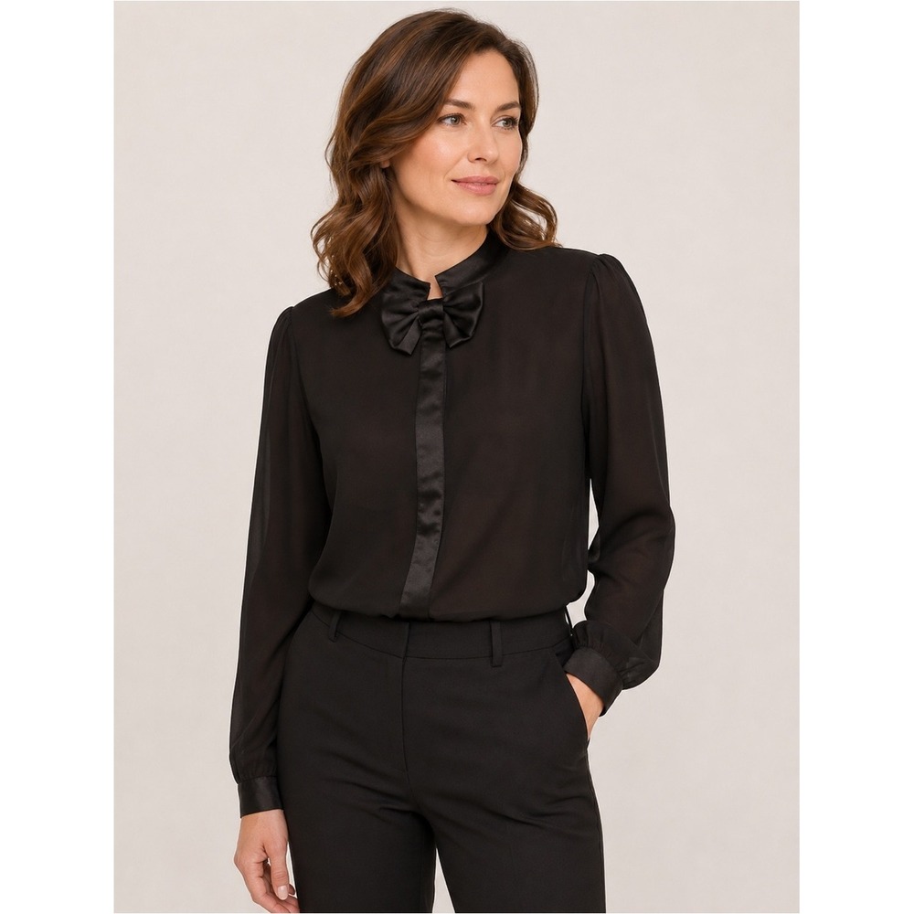 VTG Oscar de la Renta Expressions Blouse Size 12 Black Bow Tuxedo Secretary Top